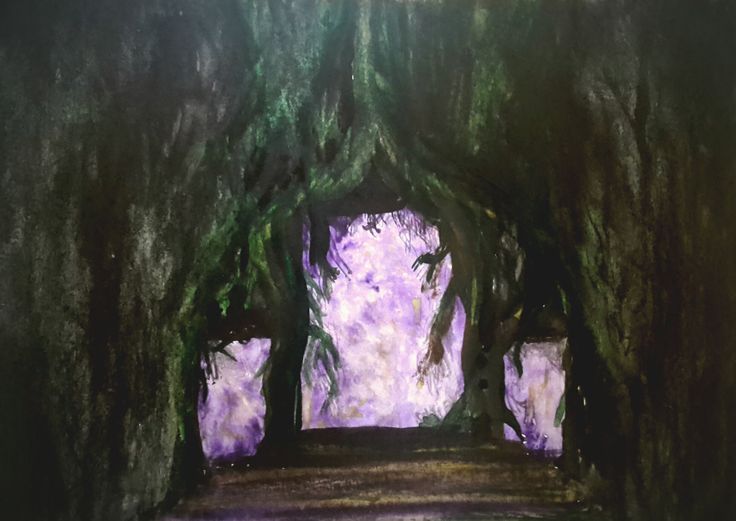 a painting of a tunnel in the woods with purple light coming from it's entrance