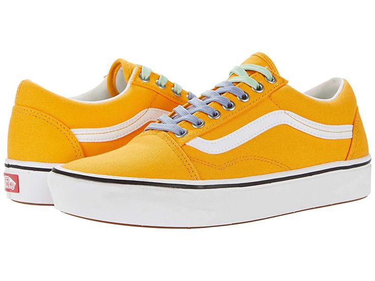 Vans Comfycush Old Skool - Athletic Shoes : (Laced) Saffron/True White : From your board to chill sessions, keep it old school every step of the way with the Vans ComfyCush Old Skool skate shoes! Classic skateboard shoes in a low-profile silhouette. Uppers of durable canvas for a classic look. Lace-up closure. Cotton drill lining for breathability. Padded collar for added comfort. Iconic Sidestripe detail. ComfyCush construction: • Co-molded midsole/outsole blends comfort with traction, durabili Classic Skateboard, White Athletic Shoes, Profile Silhouette, Shoes Classic, Skateboard Shoes, Reduce Weight, Side Stripe, Old Skool, Vans Old Skool Sneaker