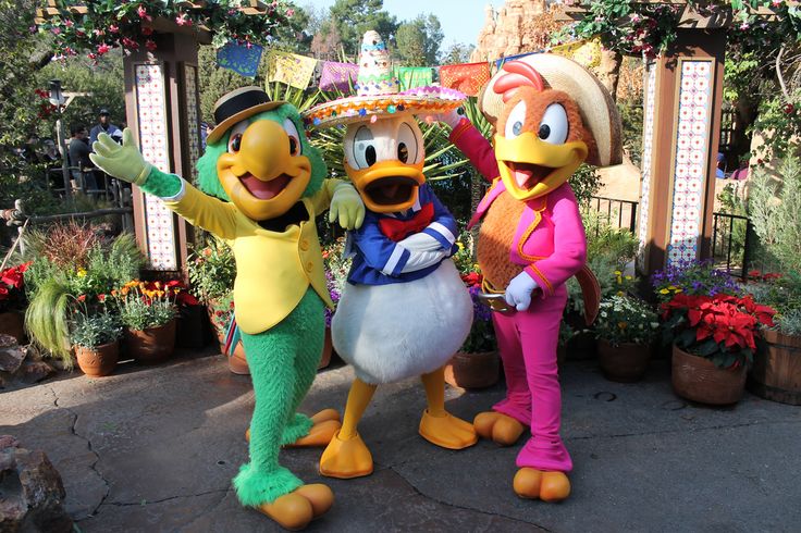 three goofy and donald duck characters standing next to each other in front of some potted plants