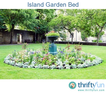 a circular garden in the middle of a lawn with flowers and trees around it on a sunny day