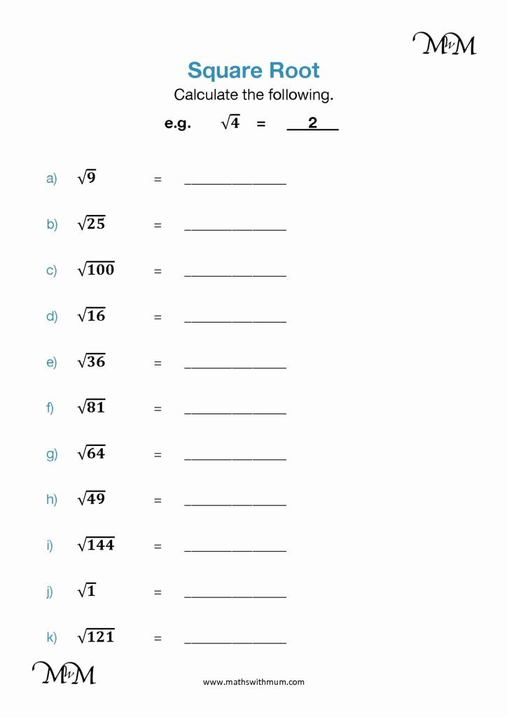 the square root worksheet is shown with numbers and symbols in each column,