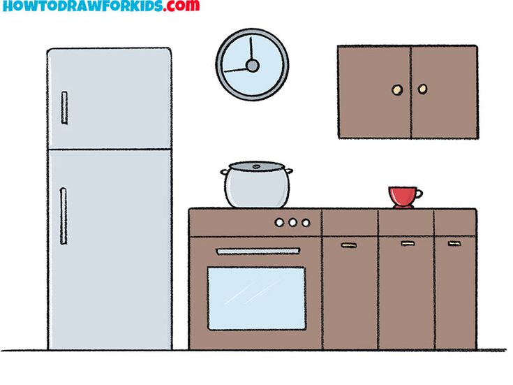 a drawing of a kitchen with an oven and refrigerator