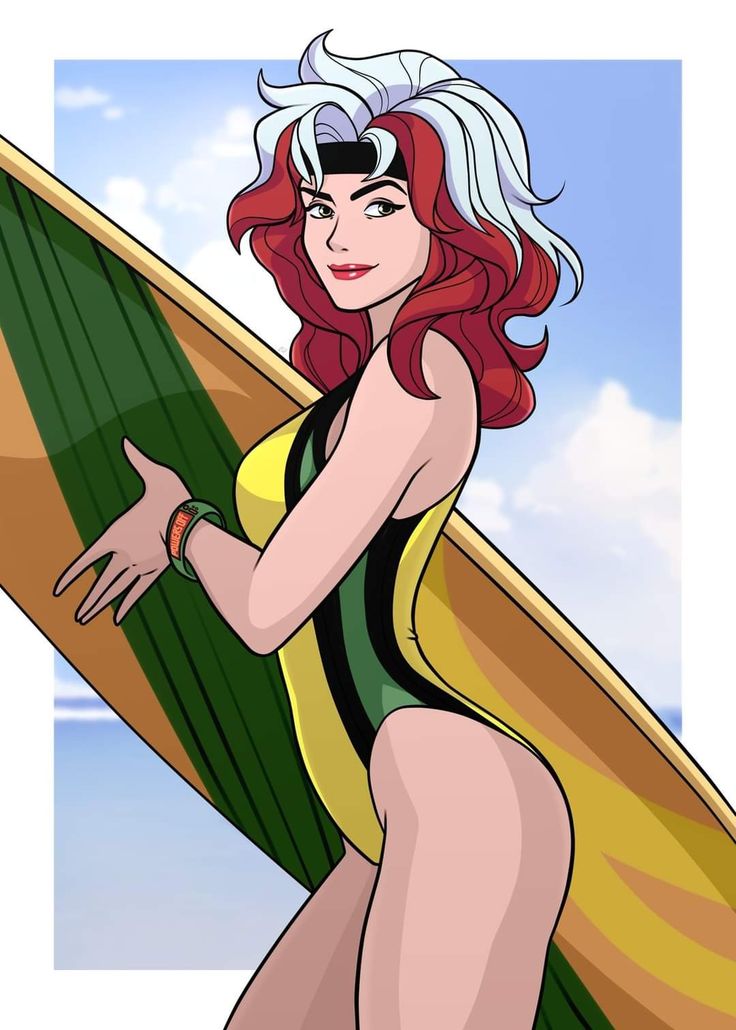 a woman in a bathing suit holding a surfboard