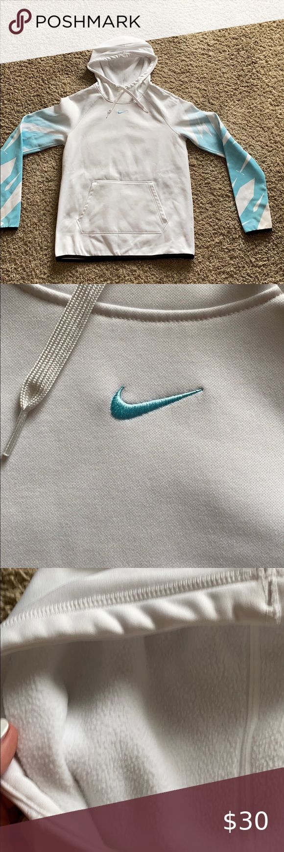 white nike sports sweatshirt white. warm on the inside. dry fit on the outside. blue sleeves. lightly used. good for running in when cold/rainy outside. Nike Tops Sweatshirts & Hoodies Rainy Outside, Sports Sweatshirt, Sweatshirt White, Sports Sweatshirts, White Nike, Nike Sports, Nike White, White Sweatshirt, White Nikes