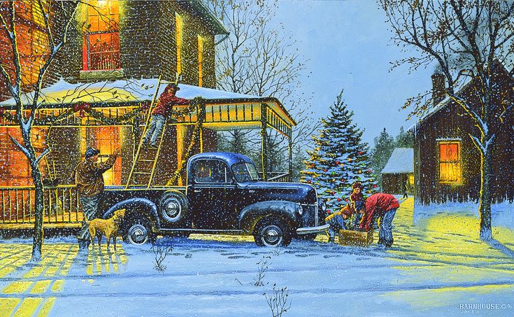 an old black truck parked in front of a house with christmas decorations on the roof