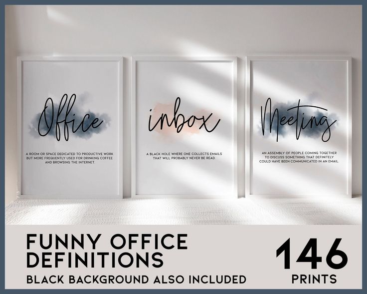 three black and white prints with the words office in different font styles, on a wall