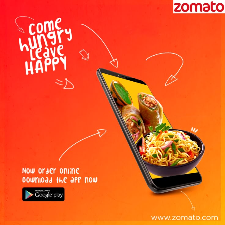 an advertisement for some hungry have happy on a cell phone with noodles and vegetables in it