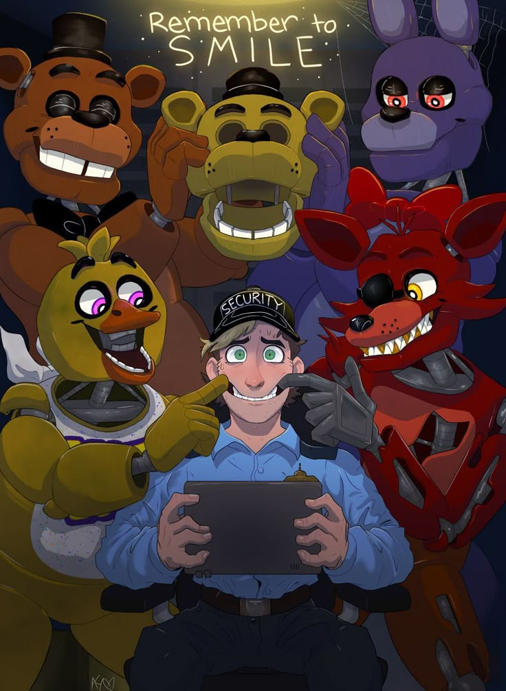 a man holding a tablet in front of five cartoon animals with the caption remember to smile