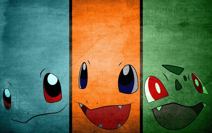 four different colored pokemons with one smiling and the other frowning in front of them