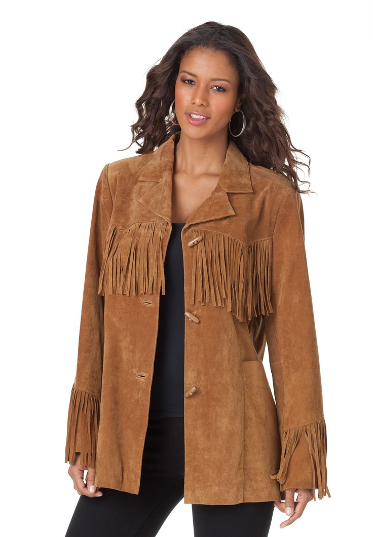 Be the talk of the town with our  best-selling fringed leather plus size jacket!   fashionably loose and gracefully oversized, the generous  cut of this coat gives you ultimate style and comfort toggle closure allows for easy access and effortless fit lapel collar is designed to be the best fitting and most  flattering, generously shaped for a flawless fit fabulous and warm long sleeves with turn back cuffs elegantly end right  below your wrist designed to give you the best shape and flatter ... Jackets With Fringe, French Cowgirl, 70s Party Ideas, Summer Hiking Boots, Fashionable Jackets, Western Jackets, Western Womens Fashion, Western Cowgirl Style, Cowboy Hat Design