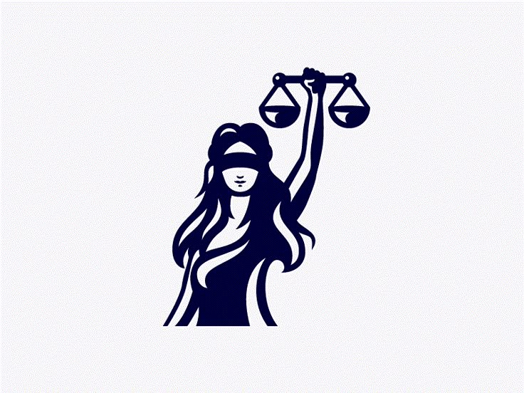 the lady justice symbol is depicted in blue on a white background with long hair and scales