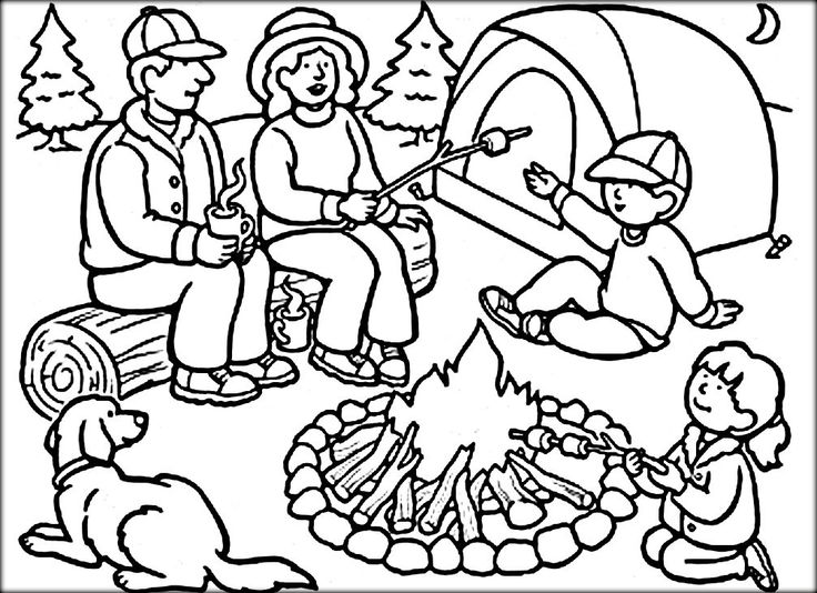 a coloring page with people sitting around a campfire