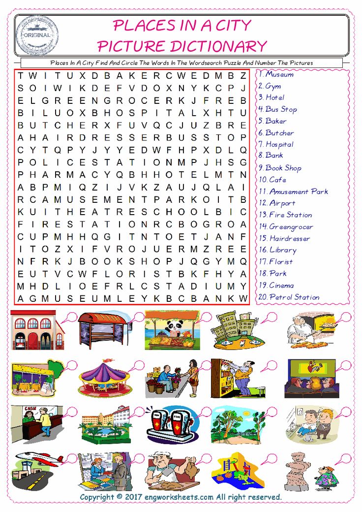 the word search for places in a city is shown with pictures and words to describe