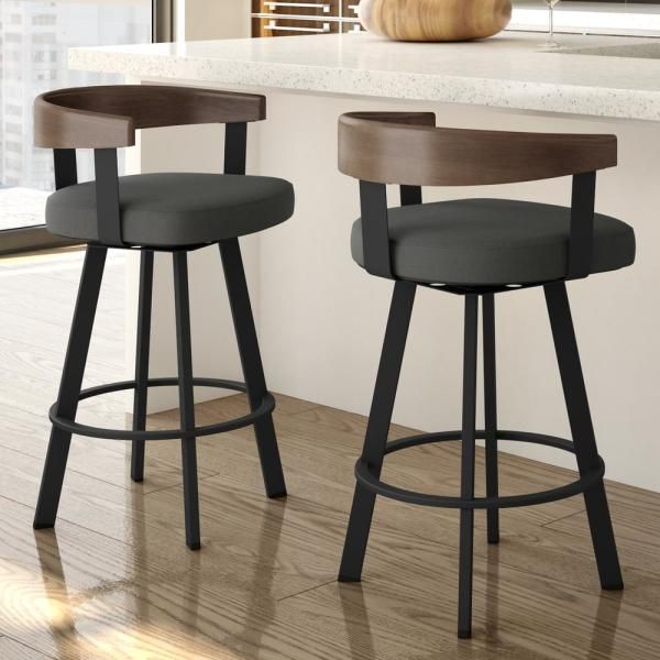 two stools in front of a counter with a vase on it and a window behind them