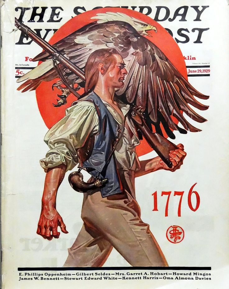 an advertisement for the saturday express featuring a man with two large birds on his shoulder