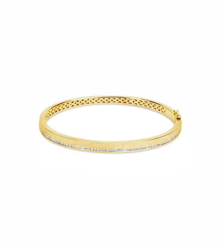 Achieve enviable style and elegance with our Diamond Channel Bangle. Carefully crafted in 14K gold with a stunning satin finish, the bangle features alternating baguette and round diamond channel settings for maximum sparkle. Shine like a star with this magnificent accessory. Classic Yellow Gold Bracelet With Channel Set, Classic Yellow Gold Bracelet Channel Set, Classic Yellow Gold Bracelets Channel Set, Classic Yellow Gold Diamond Bracelet With Channel Set, Classic Gold Bangle With Baguette Diamonds, Classic Yellow Gold Diamond Bracelet Channel Set, Classic Yellow Gold Channel Set Diamond Bracelet, Formal Channel Set Fine Jewelry Bracelets, Modern Baguette Cut Wedding Bracelet