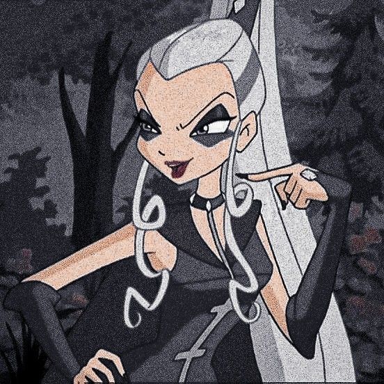 an animated image of a woman with white hair and blue eyes in front of trees