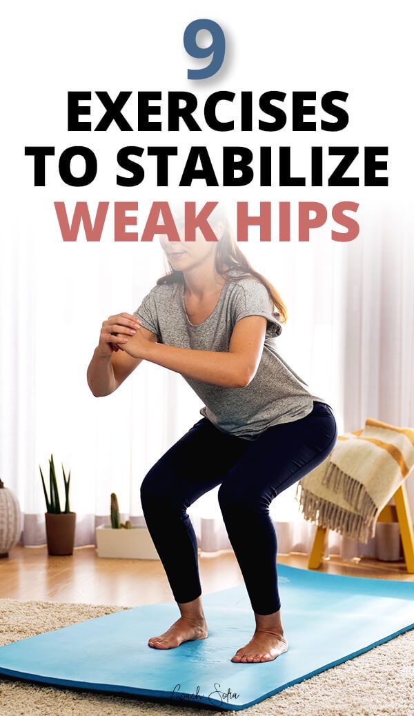 a woman standing on a yoga mat with the words 9 exercises to stabilize weak hips