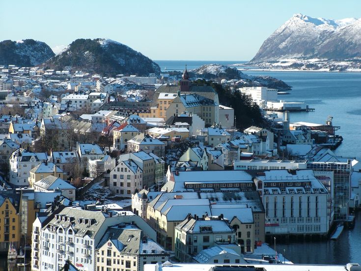 an aerial view of a city with snow on the roofs and mountains in the background