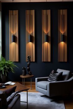 a living room filled with furniture next to a window covered in curtains and lights on the wall