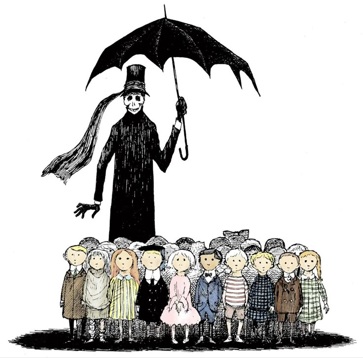 a drawing of a man holding an umbrella in front of a group of children with the caption, the gashycrumb times