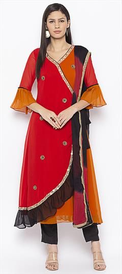 Orange, Red and Maroon color Salwar Kameez in Georgette fabric with Patch work Red Straight Kurta With Dupatta, Traditional Red Straight Kurta With Dupatta, Red Semi-stitched Palazzo Set With Straight Kurta, Red Traditional Straight Kurta With Dupatta, Red Palazzo Set With Straight Kurta, Festive Red Kurta With Dupatta, Red Bollywood Palazzo Set With Dupatta, Red Bollywood Palazzo Set For Diwali, Bollywood Style Red Palazzo Set For Wedding