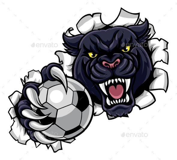 an angry black panther holding a soccer ball and breaking through the background with its claws