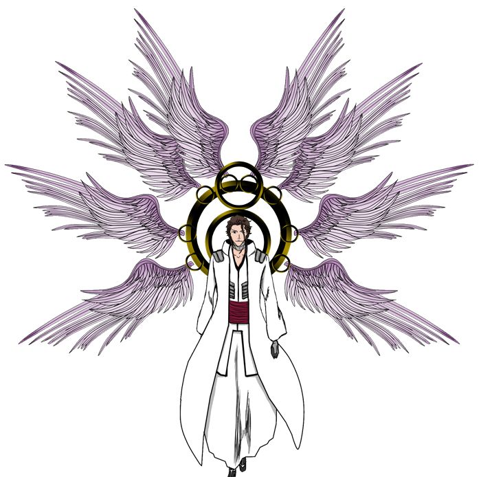 an angel with purple wings is standing in front of a white background and black circles