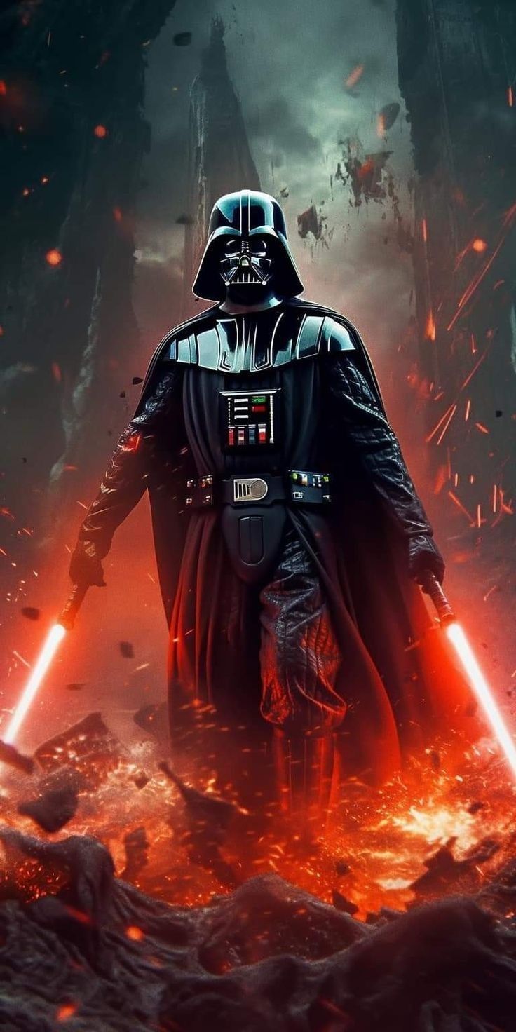 darth vader standing in the midst of flames