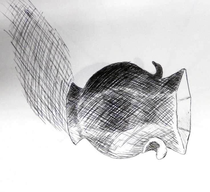 a black and white drawing of a cat laying on top of a pillow with its tail curled up