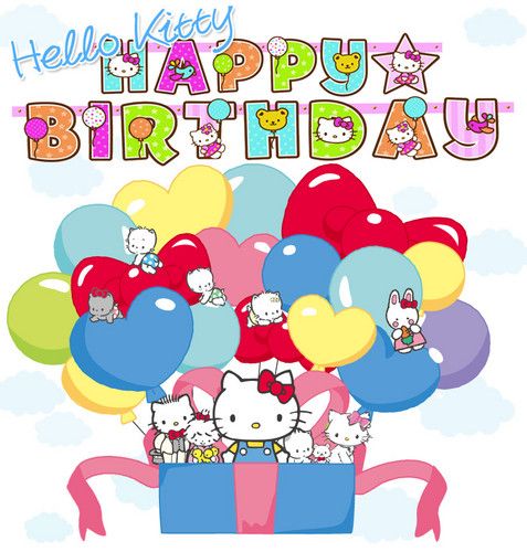 hello kitty happy birthday card with balloons and kittens in a gift box on a cloud background