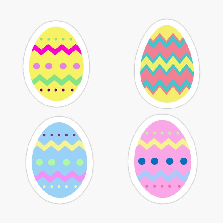 four colorful easter eggs stickers on a white background, each decorated with different patterns