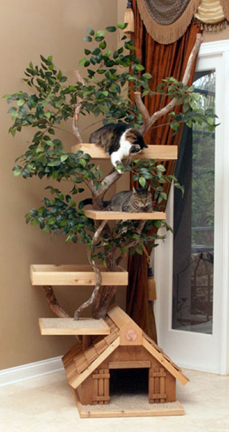 a cat sitting on top of a wooden tree house