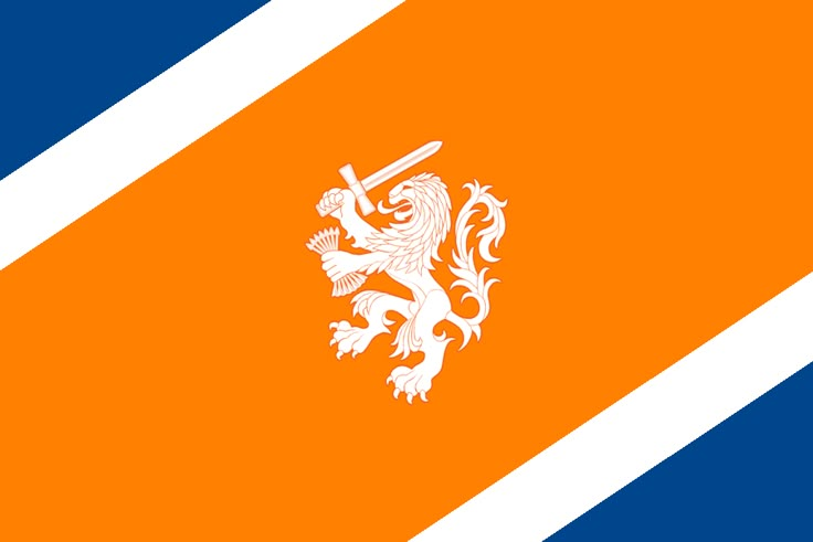 an orange and blue striped flag with a white dragon on the center, in front of it