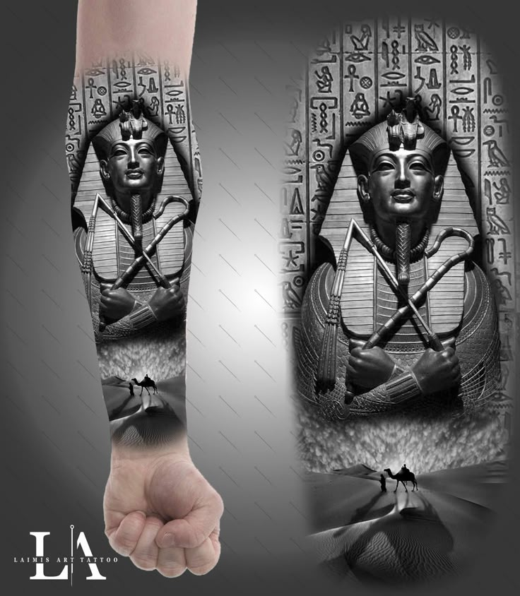 an egyptian tattoo design on the forearm and arm, with two images of pharaohs