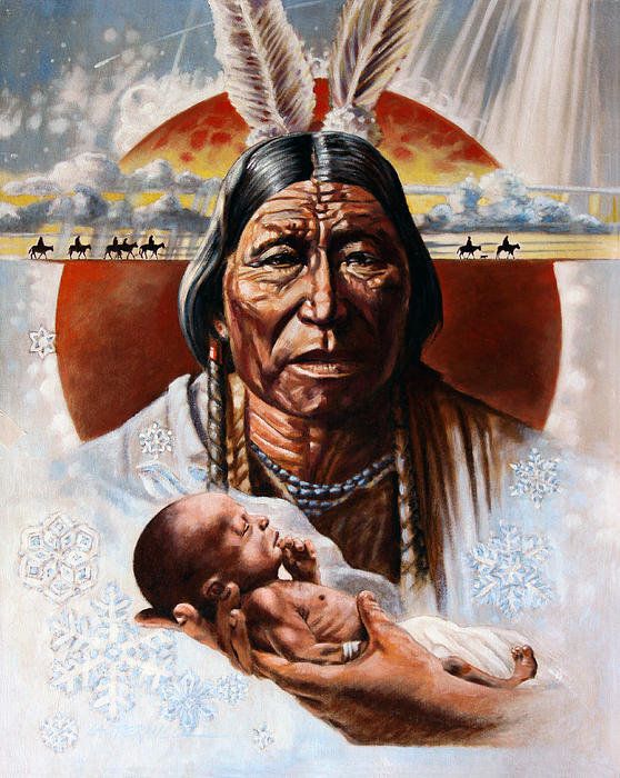 an old native american man holding a baby in his arms with the sun behind him