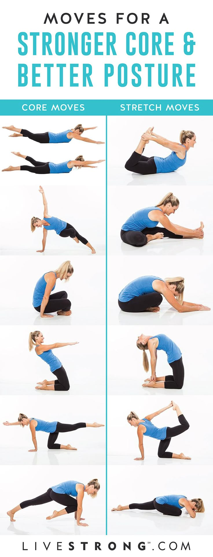 a woman doing yoga poses with the words, moves for a strong core and better posture