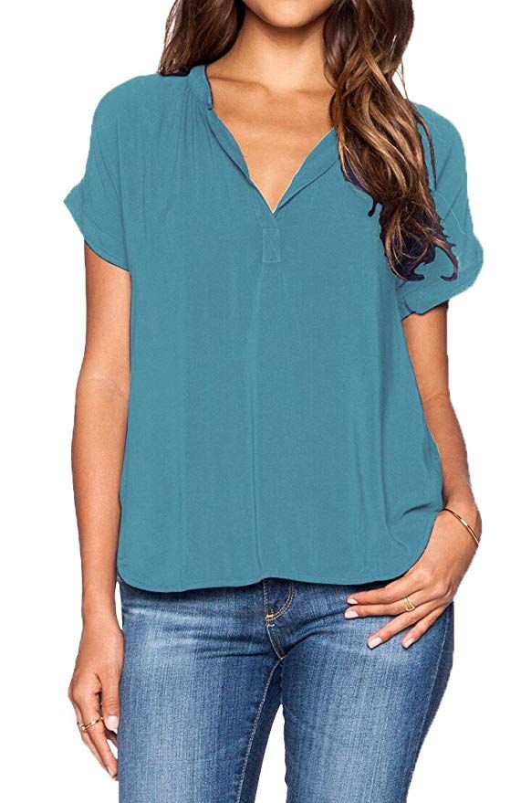 LILBETTER Womens Casual V Neck Summer Short Sleeve Blouse Top(Blue S) at Amazon Women’s Clothing store: Chiffon Shirt Blouse, Women Chiffon Blouse, Chiffon Tunic, Womens Tops Summer, Summer Blouses, Lightweight Tops, Chiffon Shirt, Chiffon Blouse, Casual Blouse