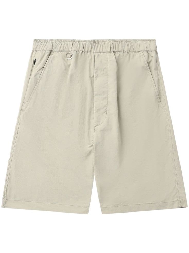 beige cotton logo patch to the rear elasticated waistband two diagonal pockets to the sides two rear welt pockets straight leg knee-length City Shorts, Office Bag, Short Suit, Summer Beach Wear, Cotton Logo, Espadrille Shoes, Party Shoes, Light Jacket, Sandals Summer