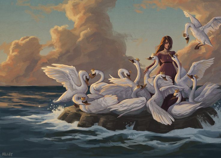 a painting of a woman surrounded by swans on a rock in the middle of the ocean