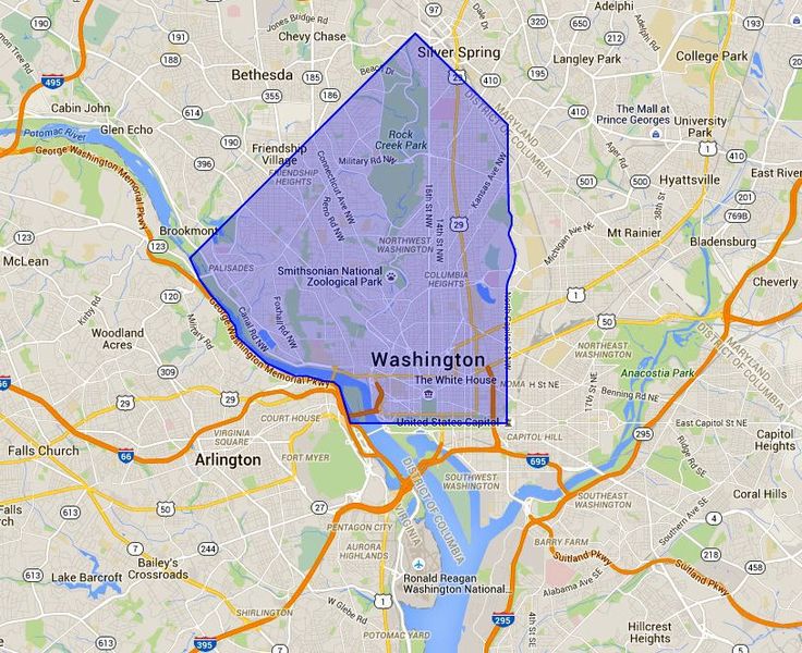 a map shows the location of washington, d c in blue and an orange area