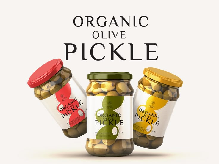 three jars with pickles in them and the words organic olive pickle above it