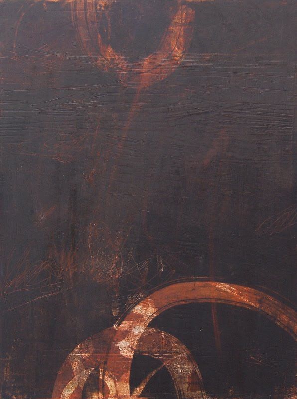 an abstract painting with brown and white circles on the bottom half of it, against a black background