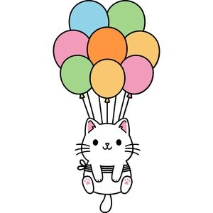 a cat with balloons floating in the air on top of it's hind legs