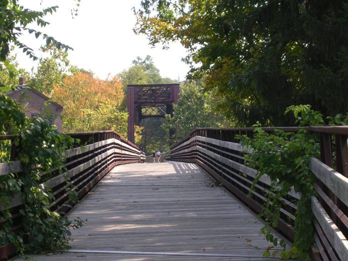 a wooden bridge that is surrounded by trees