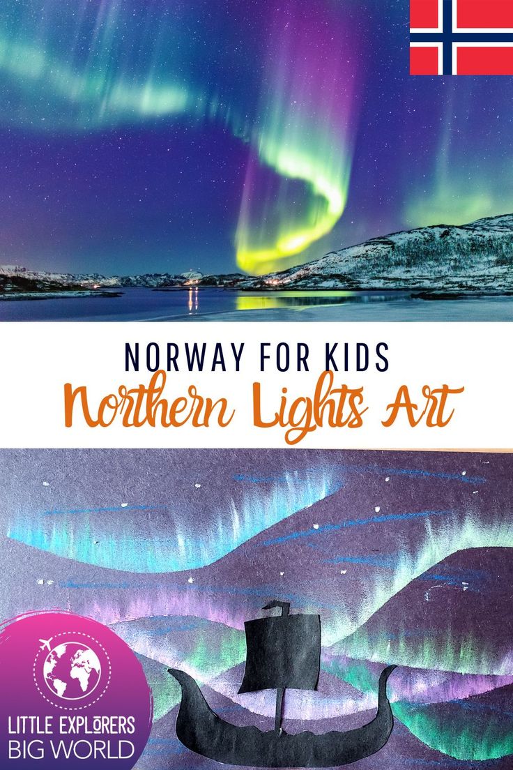 the northern lights are lit up in purple and green, with text that reads norway for kids