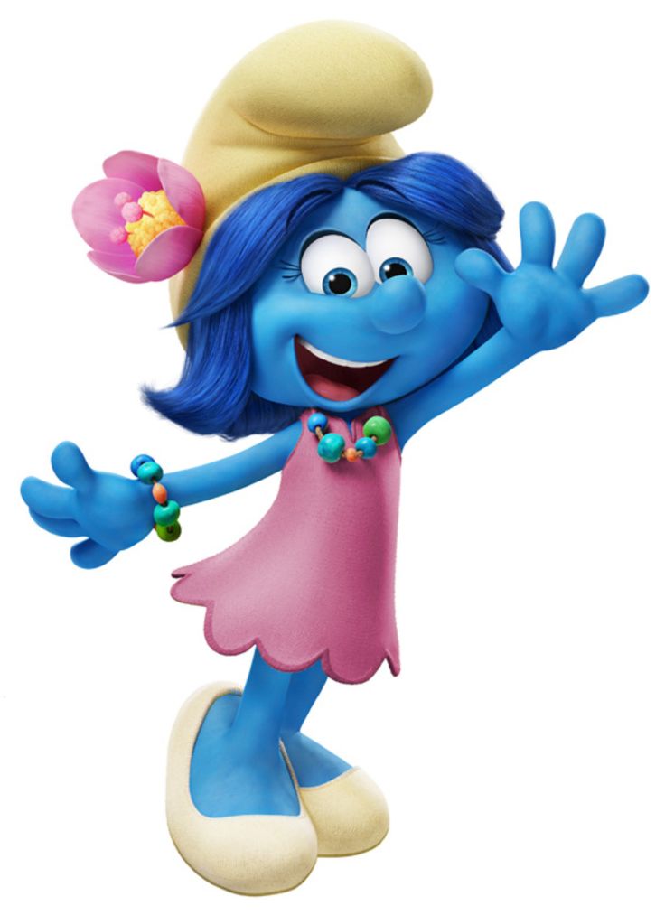 the smurvy girl is waving and holding her hands out to the side with one hand