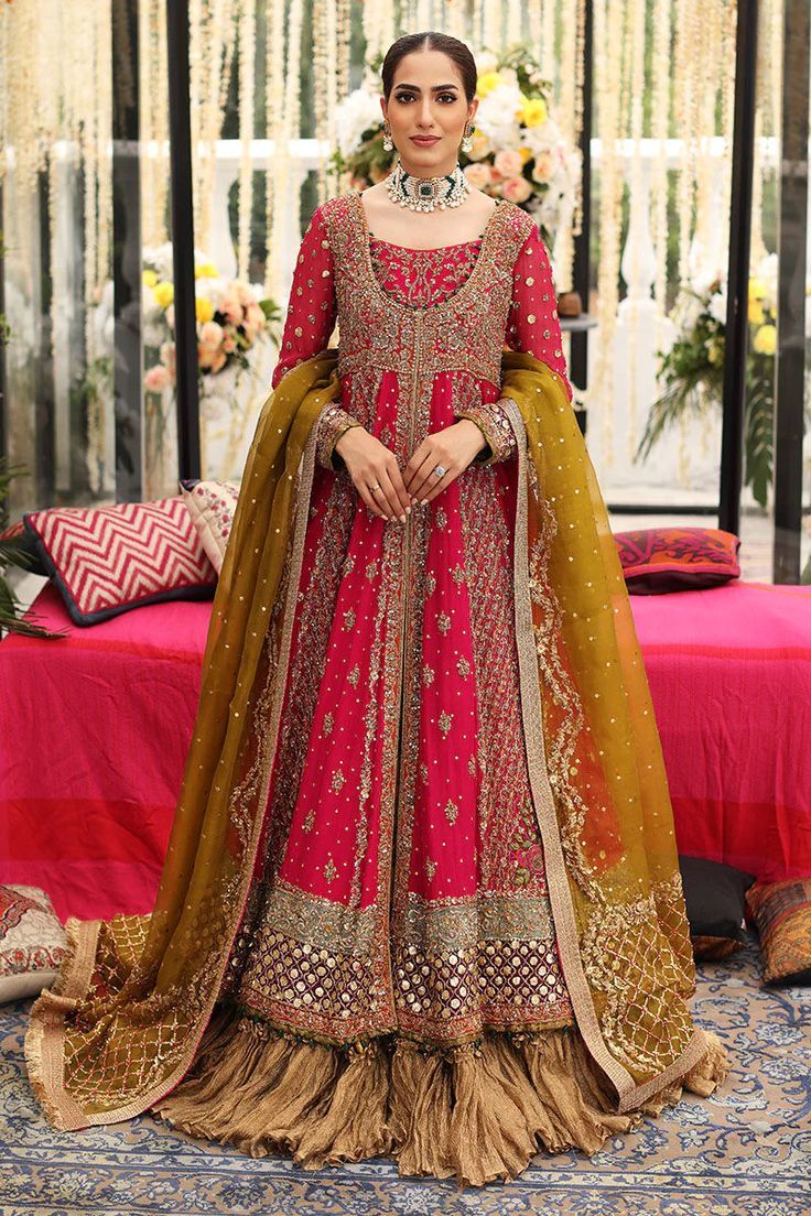 Pink And Orange Lehenga Online Pakistani Wedding Wear Floor-length Sharara With Dabka Work For Traditional Ceremonies, Traditional Pink Raw Silk Dress, Traditional Pink Silk Dress, Wedding Diwali Raw Silk Gown, Pink Sets For Reception At Eid Festival, Pink Organza Sharara With Pallu Detail, Wedding Lehenga In Chinon With Dabka Detailing, Pink Organza Sharara With Pallu, Anarkali Kundan Gown For Traditional Ceremonies