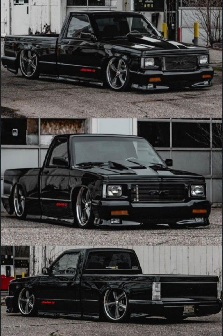 two pictures of the front and back of a black pickup truck with chrome rims