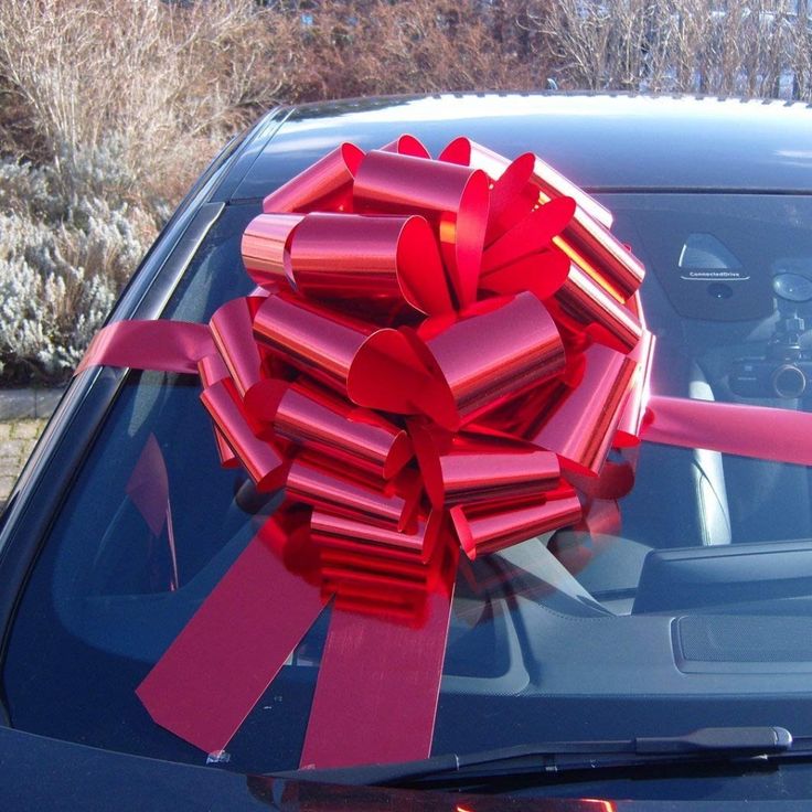 a car with a red bow on the hood